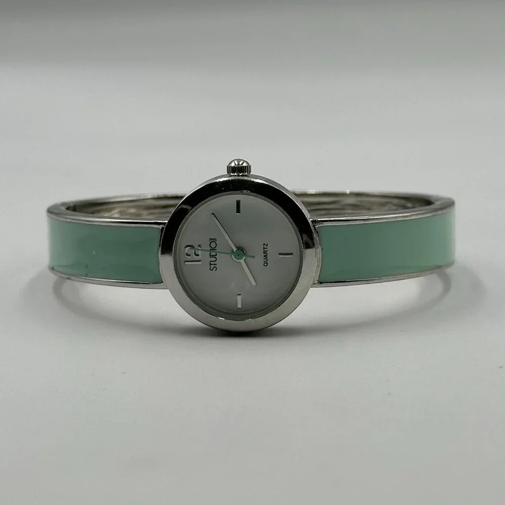 3/$30 Studio Time Watch Women Silver Tone Mint Green Bangle Band New Battery 7